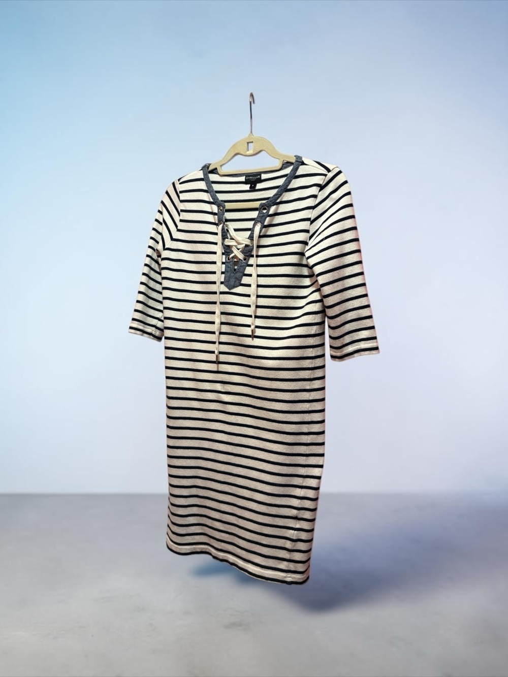 Cyrillus Paris striped lace-up Cream and Black 3/4 sleeve casual dress